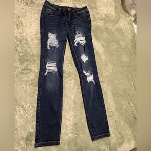 Distressed Dark Blue Skinny Jeans for Women - Slim Fit
